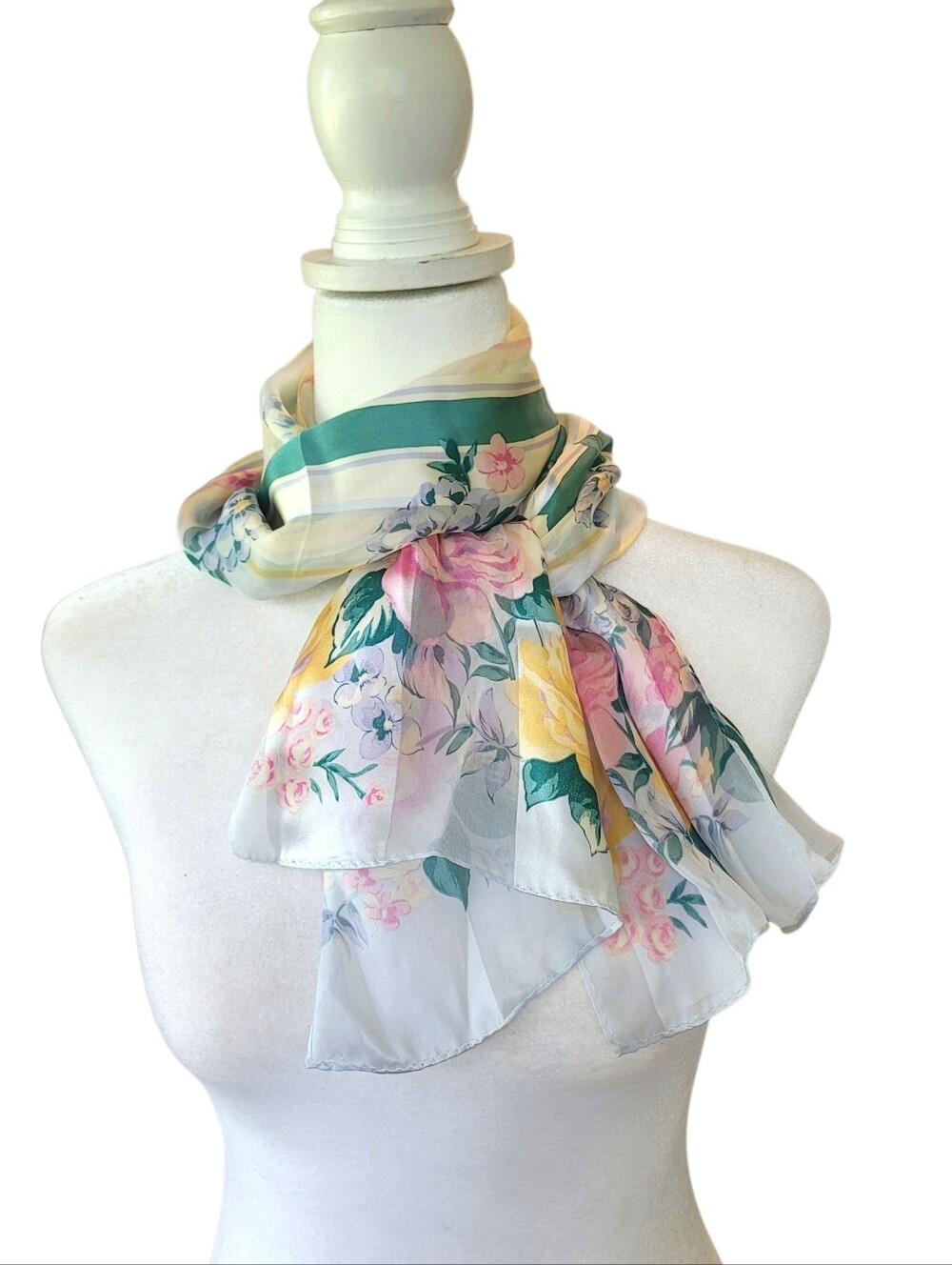 Charter Club 100% Silk Floral Print Neck Scarf White Pink Green